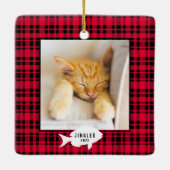 クリスマスの猫の名前 赤いチェック柄 セラミックオーナメント (裏面)