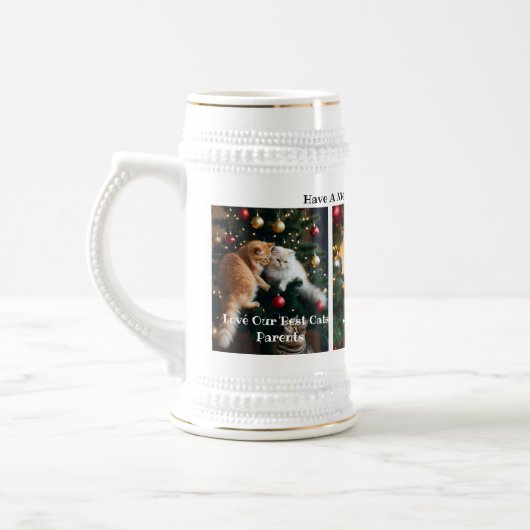 クリスマスの猫の画像、カスタマイズ可能 ビールジョッキ (左)