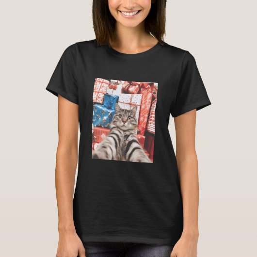 クリスマスの猫の自撮り 楽しい猫 Tシャツ (正面)