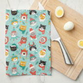 クリスマスの猫を着たホリデーセーター柄 キッチンタオル (四つ折り)