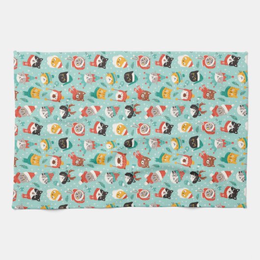 クリスマスの猫を着たホリデーセーター柄 キッチンタオル (横)