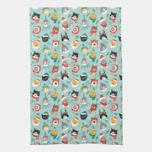 クリスマスの猫を着たホリデーセーター柄 キッチンタオル (縦)