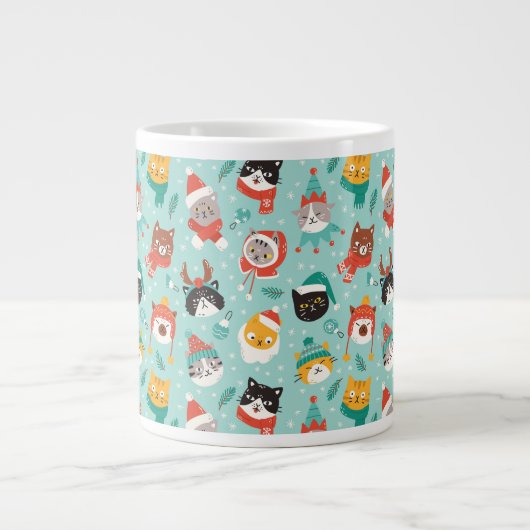クリスマスの猫を着たホリデーセーター柄 ジャンボコーヒーマグカップ (正面)