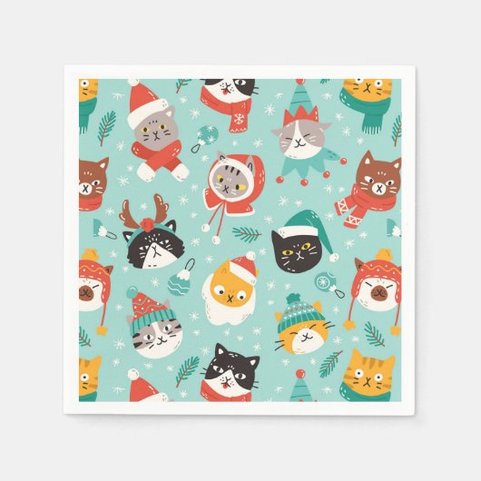 クリスマスの猫を着たホリデーセーター柄 スタンダードカクテルナプキン (正面)