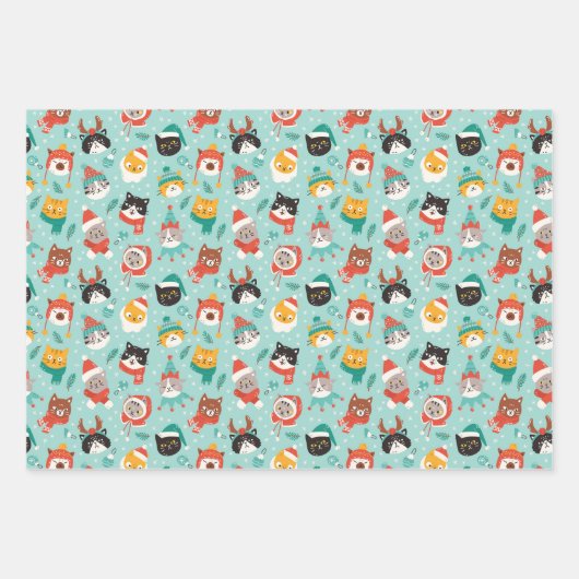 クリスマスの猫を着たホリデーセーター柄 ラッピングペーパーシート (正面)