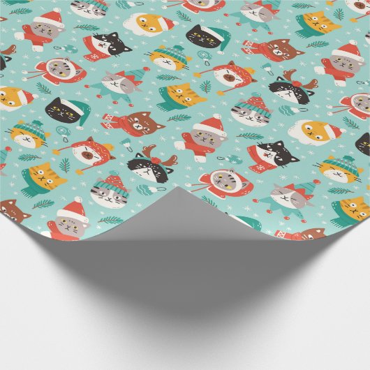クリスマスの猫を着たホリデーセーター柄 ラッピングペーパー (角)
