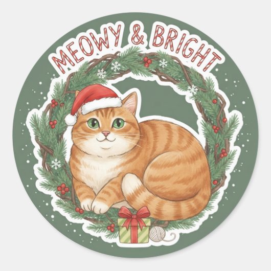 クリスマスの猫ステッカー - 面白いサンタ帽子の子猫 ラウンドシール (正面)