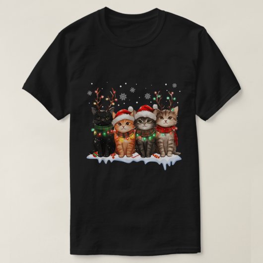 クリスマスの猫+トナカイ+ライト+かわいい子猫 Tシャツ (デザイン正面)