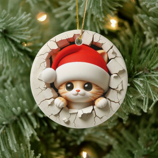 クリスマスの猫 3D効果（実際の3Dではありません） セラミックオーナメント (ツリー)