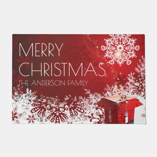 クリスマスの現在の驚きの雪片冬 ドアマット (正面)