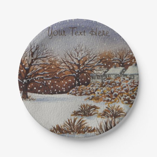 クリスマスの田園コテッジの雪場面芸術 ペーパープレート (正面)