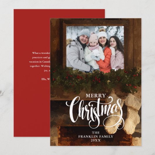 クリスマスの田舎風の冬の暖炉の写真 シーズンカード (正面/裏面)