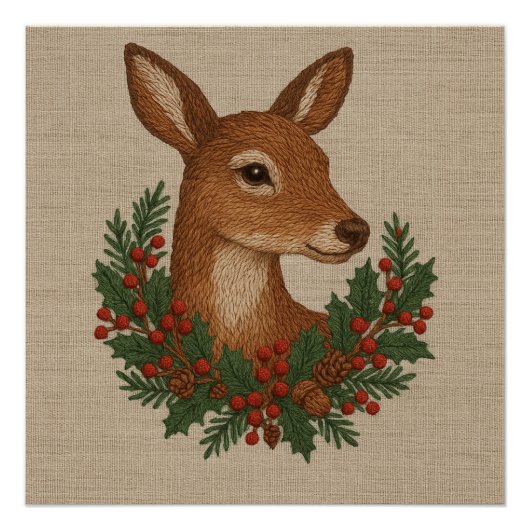 クリスマスの田舎風刺繍の鹿とホリデーグリーン ポスター (正面)