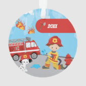 クリスマスの男の子の漫画の消防士 オーナメント (裏面)