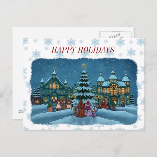 クリスマスの町はがき雪のエッジ&文字。 シーズンポストカード (正面/裏面)