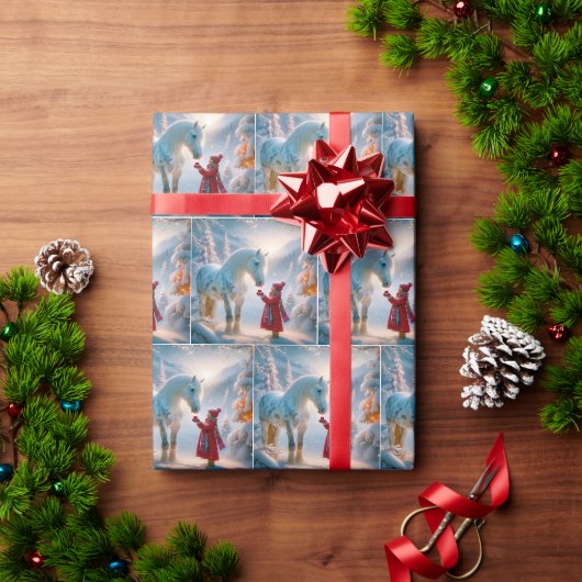 クリスマスの白いまだら馬 ラッピングペーパー (クリスマスギフト)