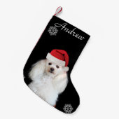 クリスマスの白いプードル犬の名前入りなストッキング スモールクリスマスストッキング (正面 (吊り時))