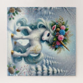 クリスマスの白いユニコーンと金ゴールドホーン ジグソーパズル (横)