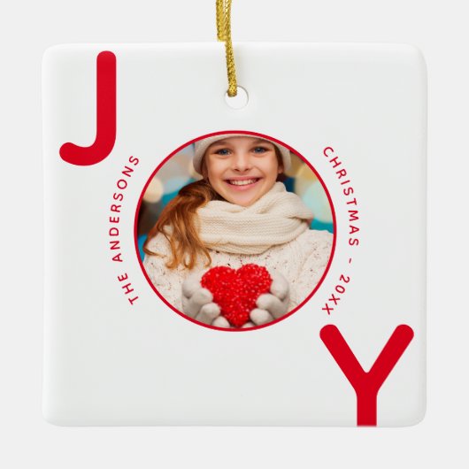 クリスマスの白い赤の写真の喜び名 セラミックオーナメント (正面)