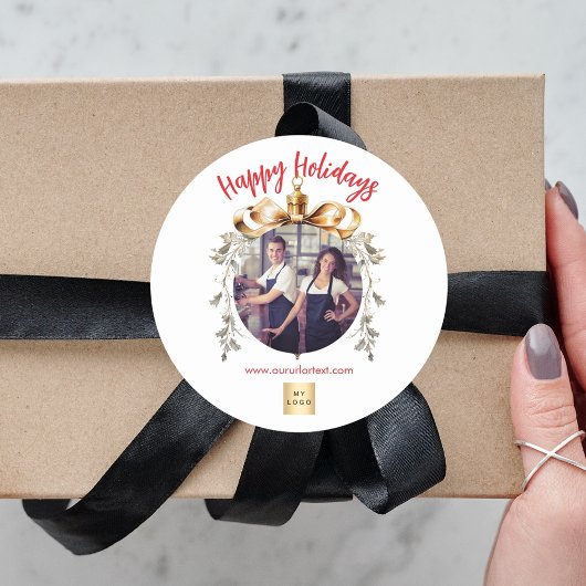 クリスマスの白い金ゴールドバウブルチームの写真のロゴ ラウンドシール