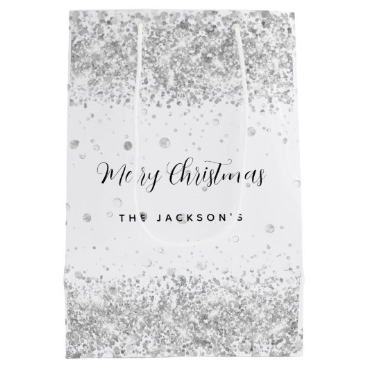 クリスマスの白い銀の輝きの名前 ミディアムペーパーバッグ (裏面)