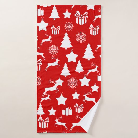 クリスマスの白い雪片(抽象芸術の赤い袋) バスタオル (バスタオル)