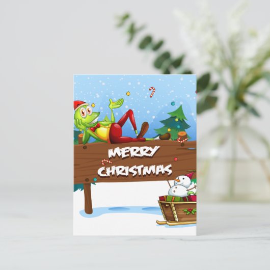 クリスマスの看板の上のサンタカエル シーズンポストカード (スタンド正面)