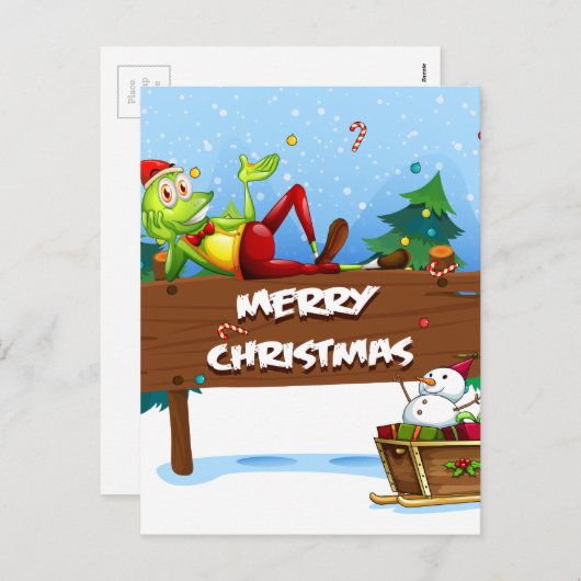 クリスマスの看板の上のサンタカエル シーズンポストカード (正面/裏面)