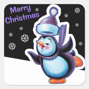 クリスマスの真夜中に正方形にステッカーのペンギンのスケートで滑ること スクエアシール