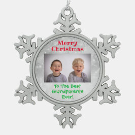 クリスマスの祖父母と孫の写真 スノーフレークピューターオーナメント