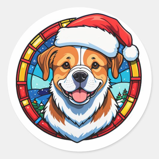 クリスマスの祭りをイメージしたかわいい犬のイラスト ラウンドシール (正面)