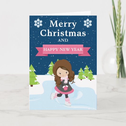 クリスマスの祭典 ブラウンの髪の少女 アイススケーター シーズンカード (正面)
