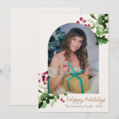 クリスマスの祭典 緑の葉と赤い実の写真 シーズンカード (正面/裏面)