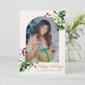 クリスマスの祭典 緑の葉と赤い実の写真 シーズンカード (スタンド正面)