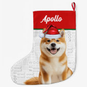 クリスマスの秋田犬 名前入り Woof 背景 ラージクリスマスストッキング (裏面)