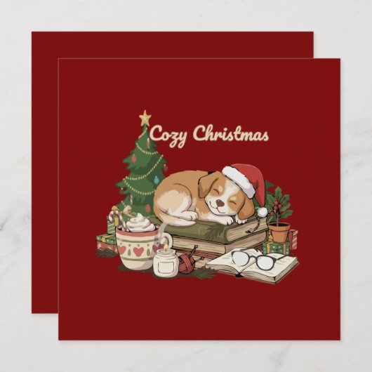 クリスマスの穏やかな眠る子犬と本 ヴィンテージ シーズンカード (正面/裏面)