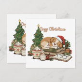 クリスマスの穏やかな眠る子犬＆本 ヴィンテージ シーズンカード (正面/裏面)