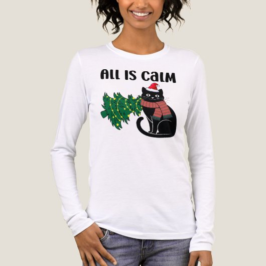クリスマスの穏やかな黒猫 笑える トライブレンドTシャツ (正面)