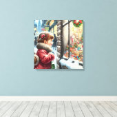 クリスマスの窓の休日を探している子供たち キャンバスプリント (インサイチュ (ウッドフロア))