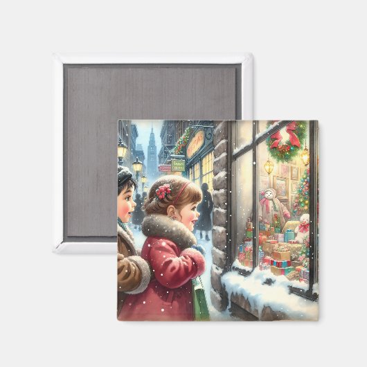 クリスマスの窓の休日を探している子供たち マグネット (正面/裏面)