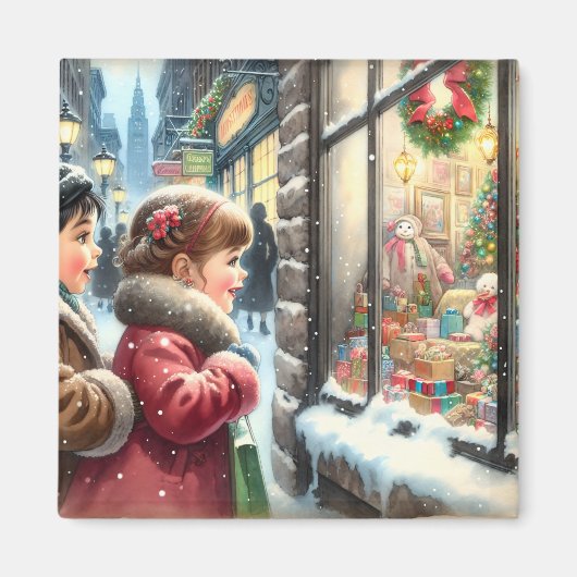 クリスマスの窓の休日を探している子供たち マグネット (正面)