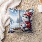 クリスマスの窓辺のマウスとホットココア クッション (ブランケット)