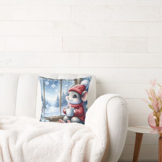 クリスマスの窓辺のマウスとホットココア クッション (ソファ)