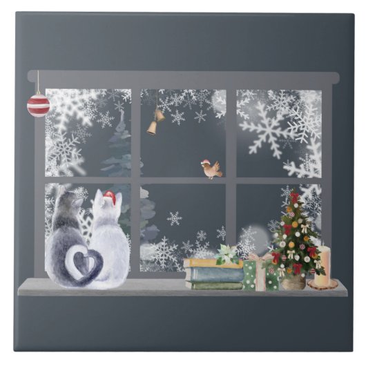 クリスマスの窓辺の猫たち タイル (正面)
