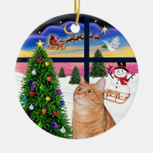 クリスマスの窓辺 - オレンジタビー猫 セラミックオーナメント (正面)