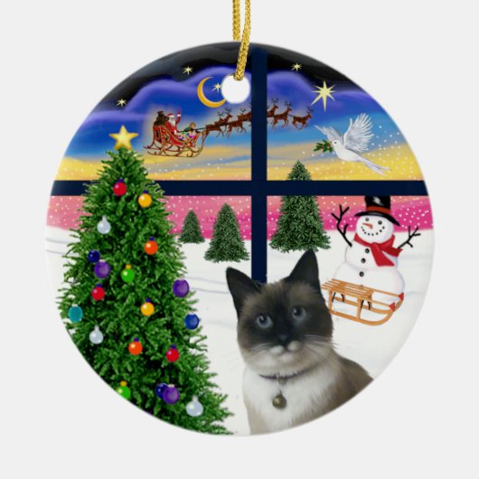 クリスマスの窓辺 - スノーシューキャット セラミックオーナメント (正面)