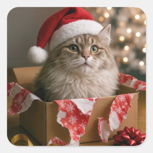 クリスマスの箱入り猫 スクエアシール (正面)