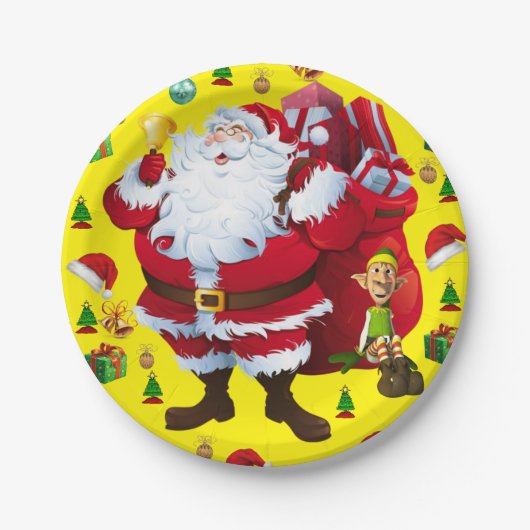 クリスマスの紙皿、サンタ、エルフ ペーパープレート (正面)