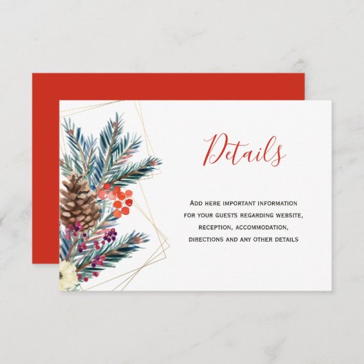 クリスマスの素朴なパイン結婚コーンのゲスト詳細 エンクロージャーカード (正面/裏面)