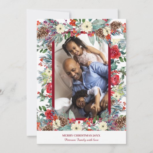 クリスマスの素朴なフローラの家族の写真の赤ブルゴーニュ シーズンカード (正面)